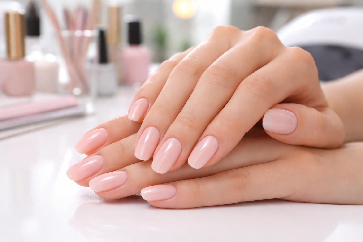 Close-up of hands with builder gel nails resting on a white surface in a nail salon with nail tools in the background.