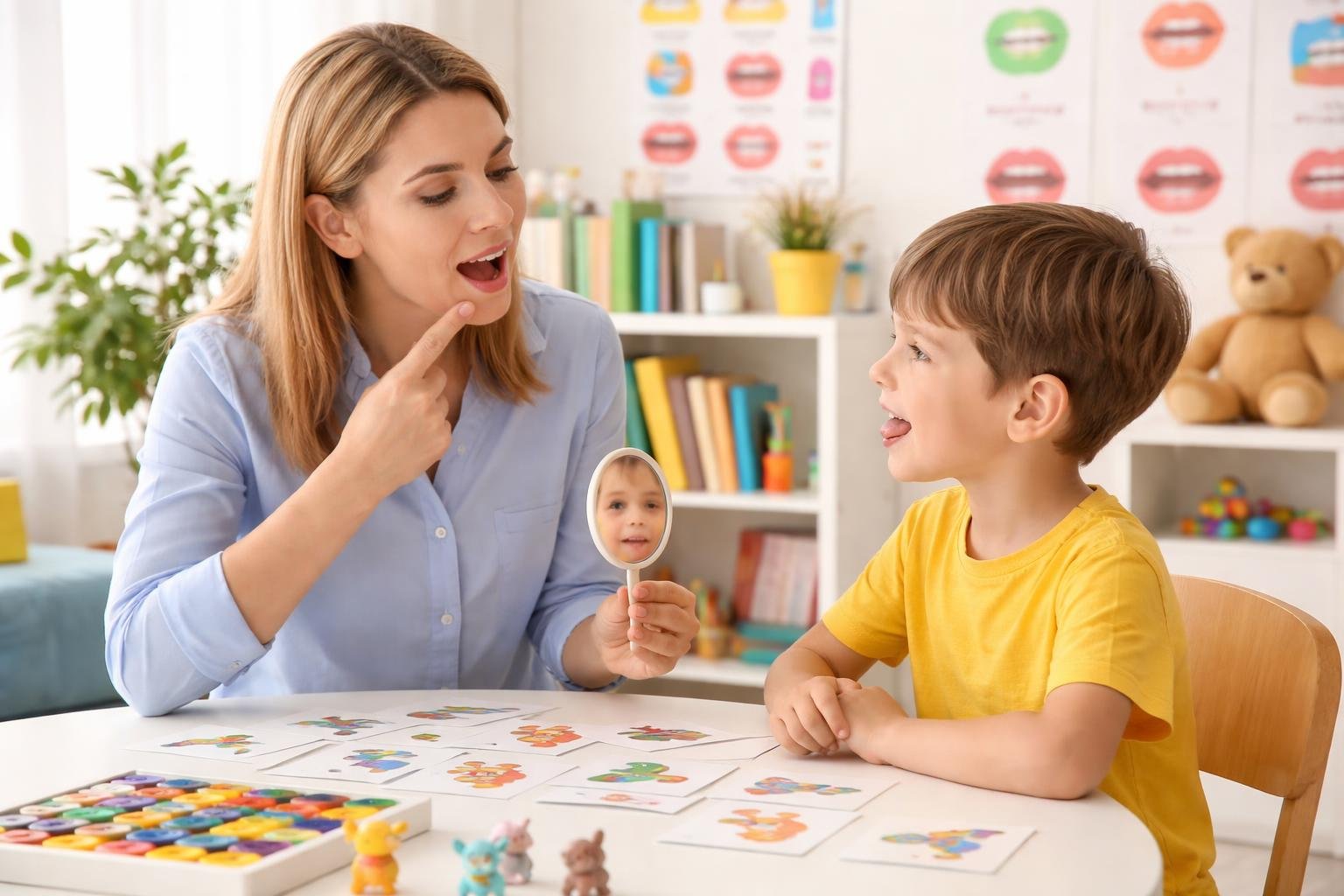 Una fonoaudióloga trabaja con un niño pequeño en una sesión de terapia del habla para mejorar la pronunciación de la letra R.