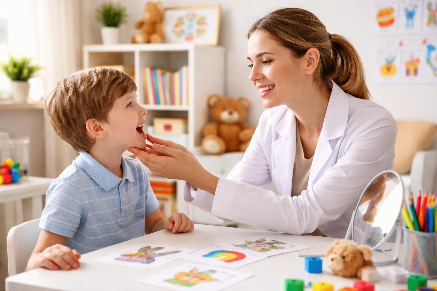 Una fonoaudióloga trabajando con un niño pequeño en una sesión de terapia del habla para mejorar la pronunciación de la letra R.