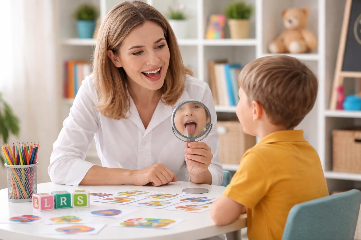 Una fonoaudióloga trabaja con un niño pequeño en una sala de terapia, usando herramientas educativas para mejorar su pronunciación.