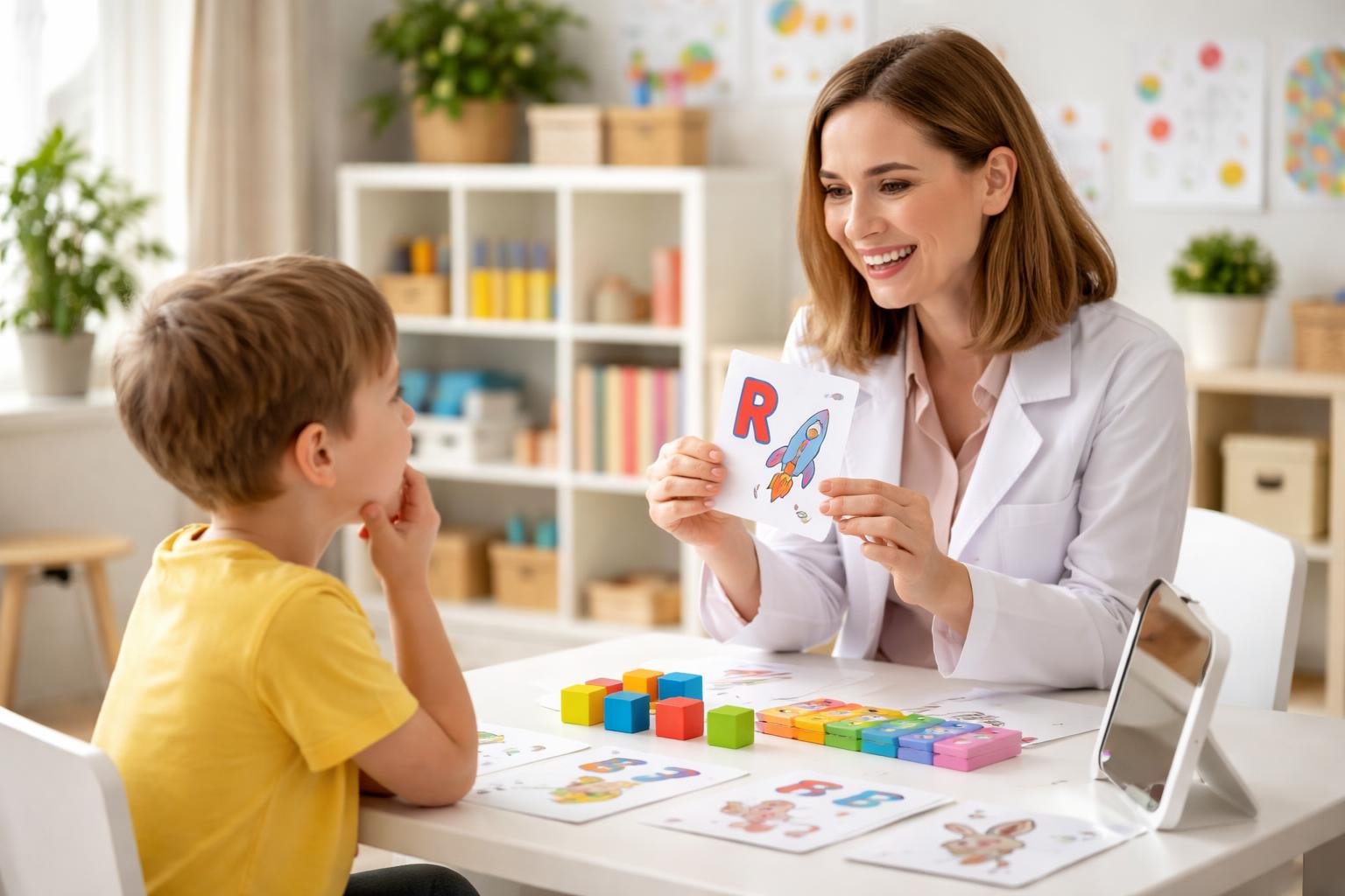 Una terapeuta del habla trabaja con un niño pequeño usando juguetes educativos en una clínica luminosa y acogedora.
