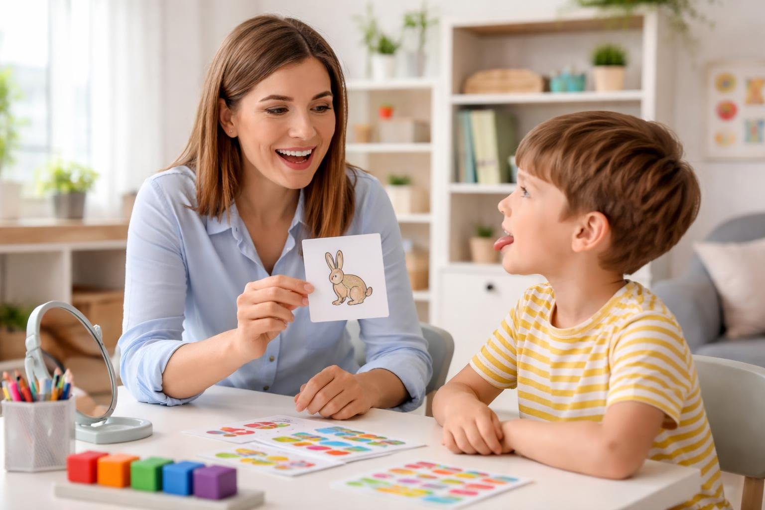 Una fonoaudióloga trabajando con un niño pequeño en una sesión de terapia del habla en una sala luminosa y acogedora.