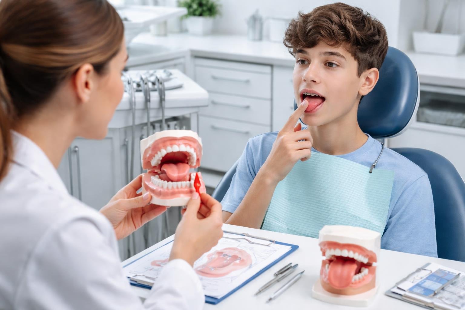 Adolescente con brackets en una clínica de ortodoncia recibiendo terapia de fonoaudiología para corregir la deglución atípica.