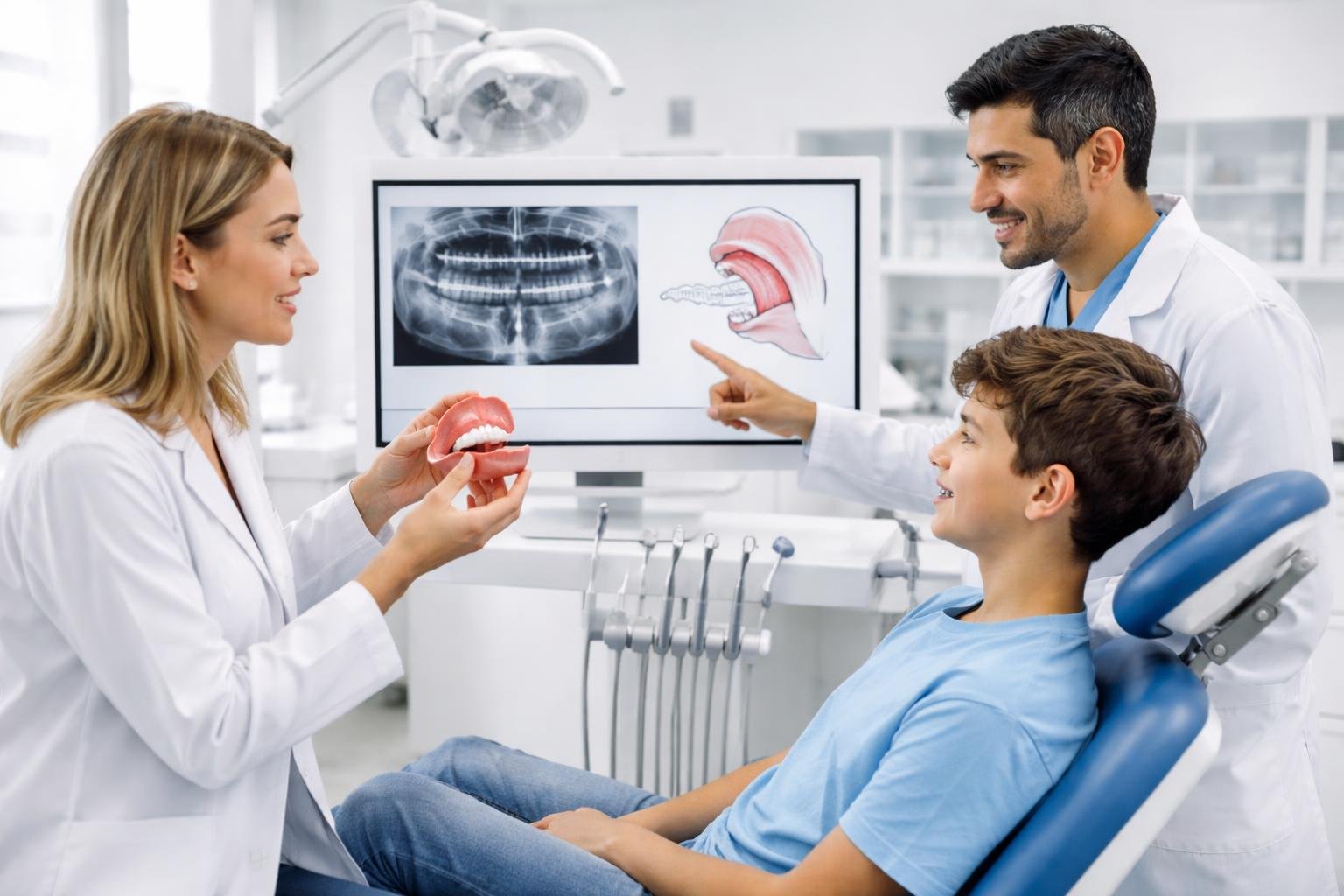 Un adolescente con brackets en una clínica dental, hablando con una fonoaudióloga y un ortodoncista que muestran un diagrama en una pantalla.