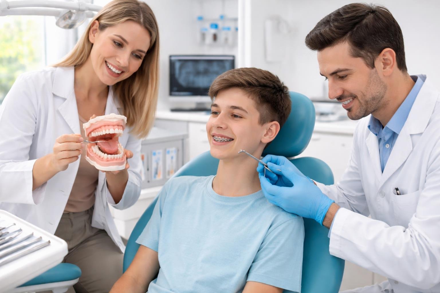 Adolescente en una clínica dental recibiendo atención de un ortodoncista y una fonoaudióloga para tratamiento de deglución atípica con brackets.