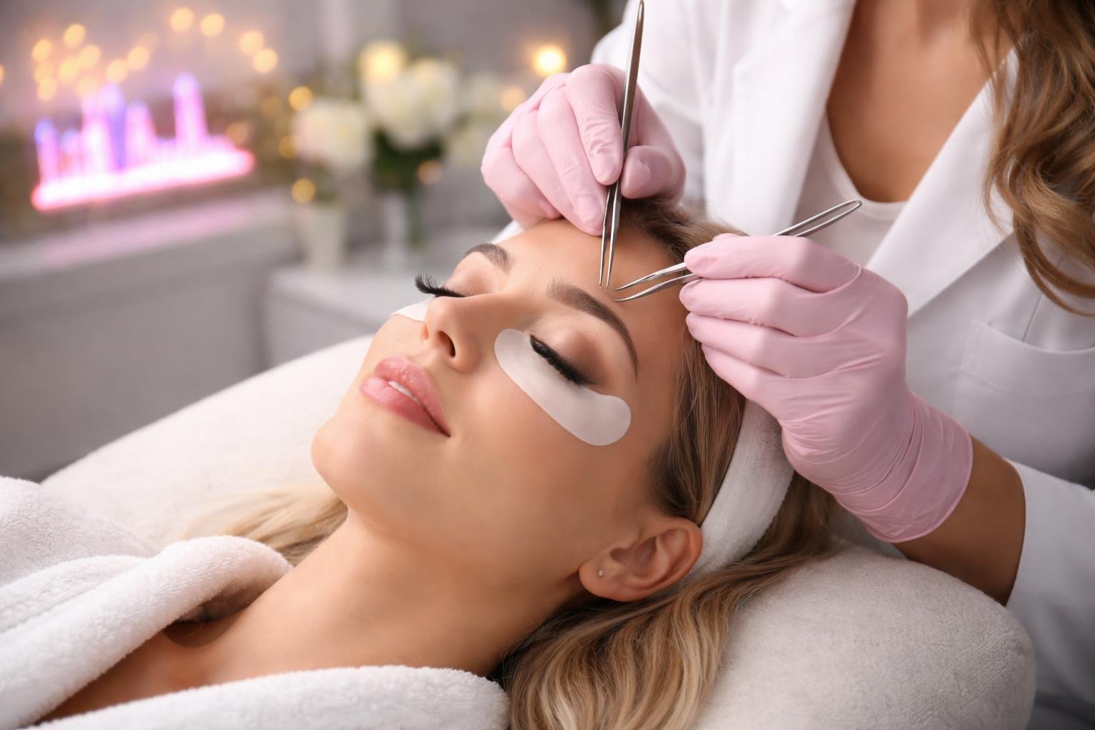 A cosmetologist applying volume eyelash extensions to a client in a modern beauty salon.