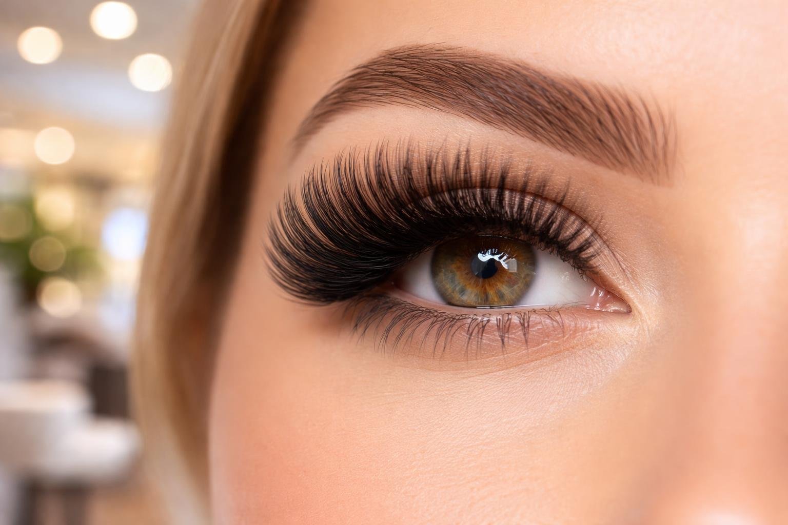 Close-up of a woman's eye with thick, curled volume eyelash extensions.