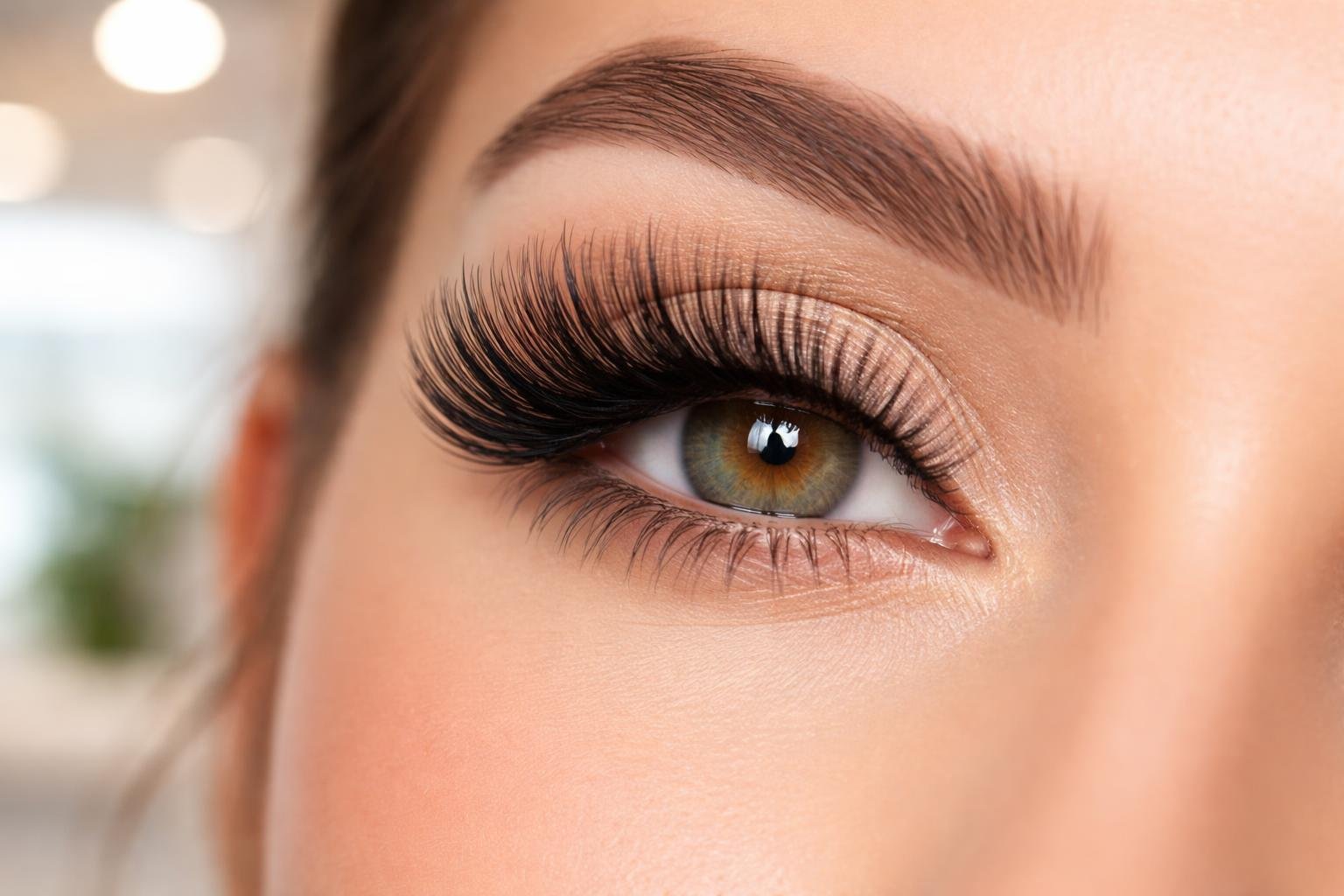 Close-up of a woman's eye with thick, full volume lash extensions and smooth skin.