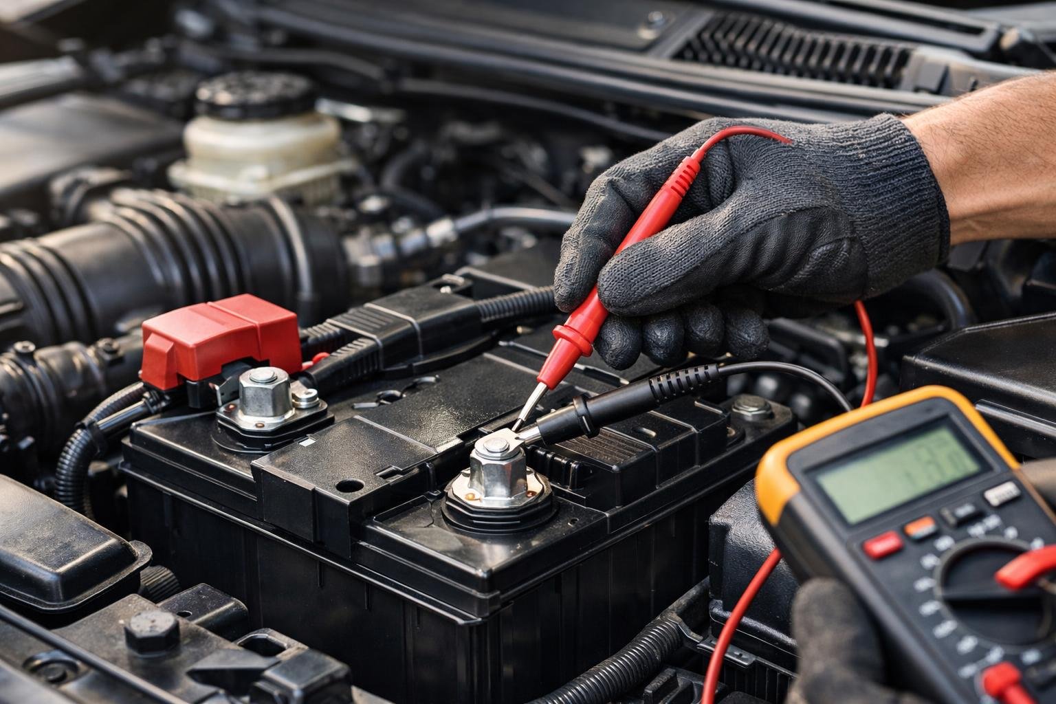 Close-up of a car battery under a car hood with a gloved hand testing the battery voltage using a multimeter.