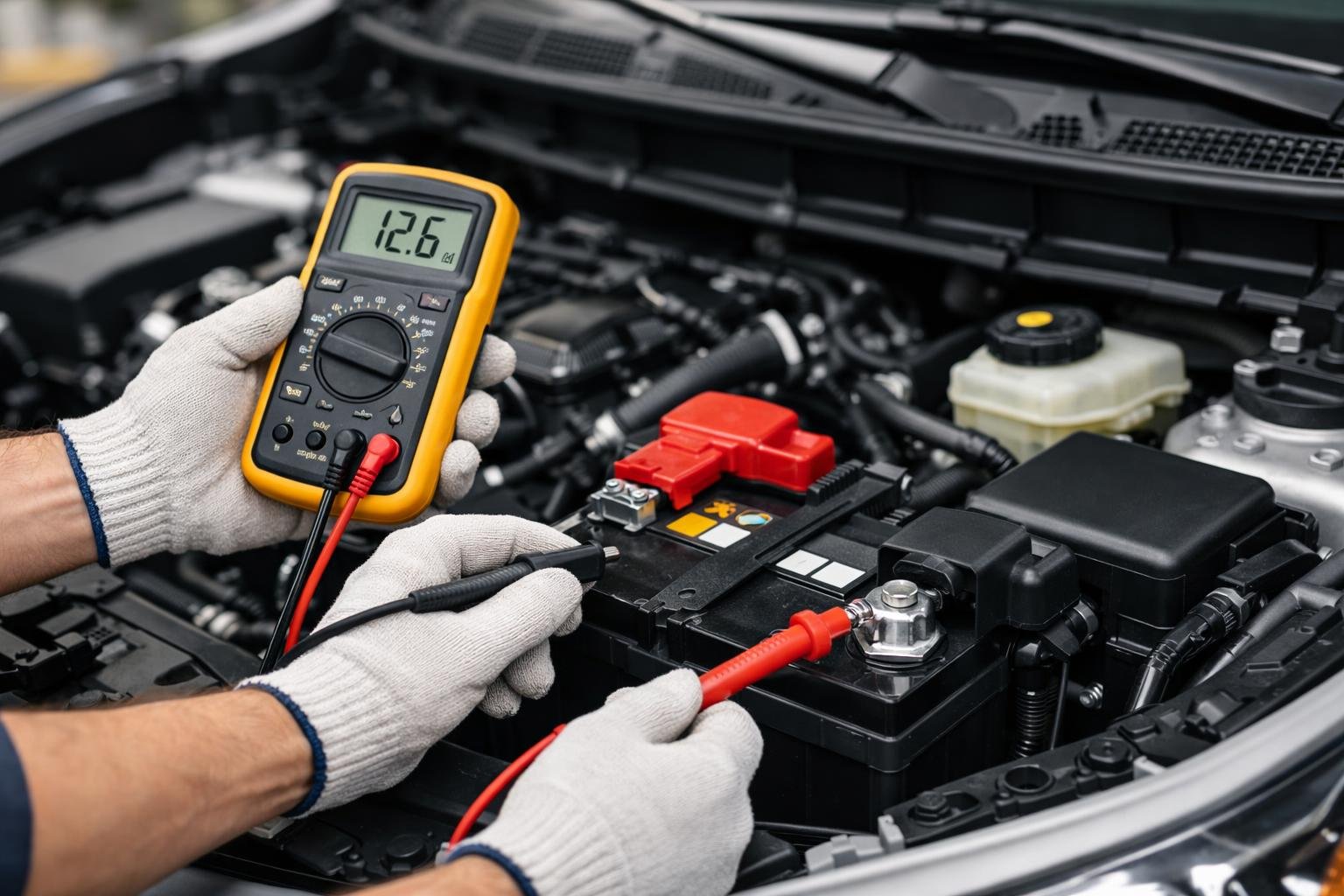 Close-up of a mechanic checking a car battery with a multimeter under an open car hood.