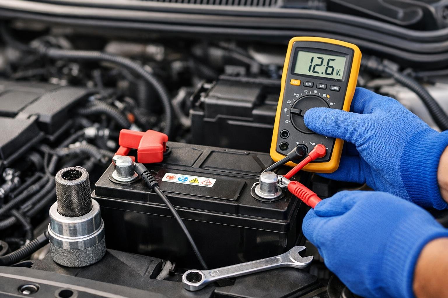 Close-up of a person wearing gloves testing a car battery with a digital multimeter inside a car engine compartment.