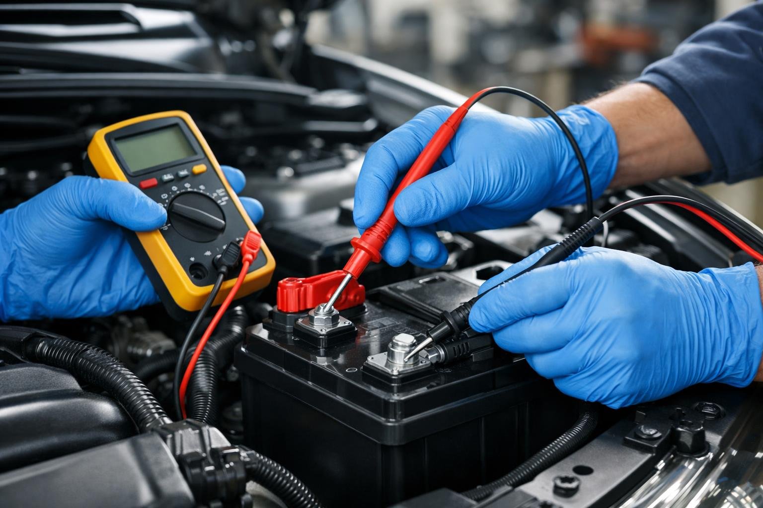 Hands testing a car battery with a multimeter under an open car hood in a garage.