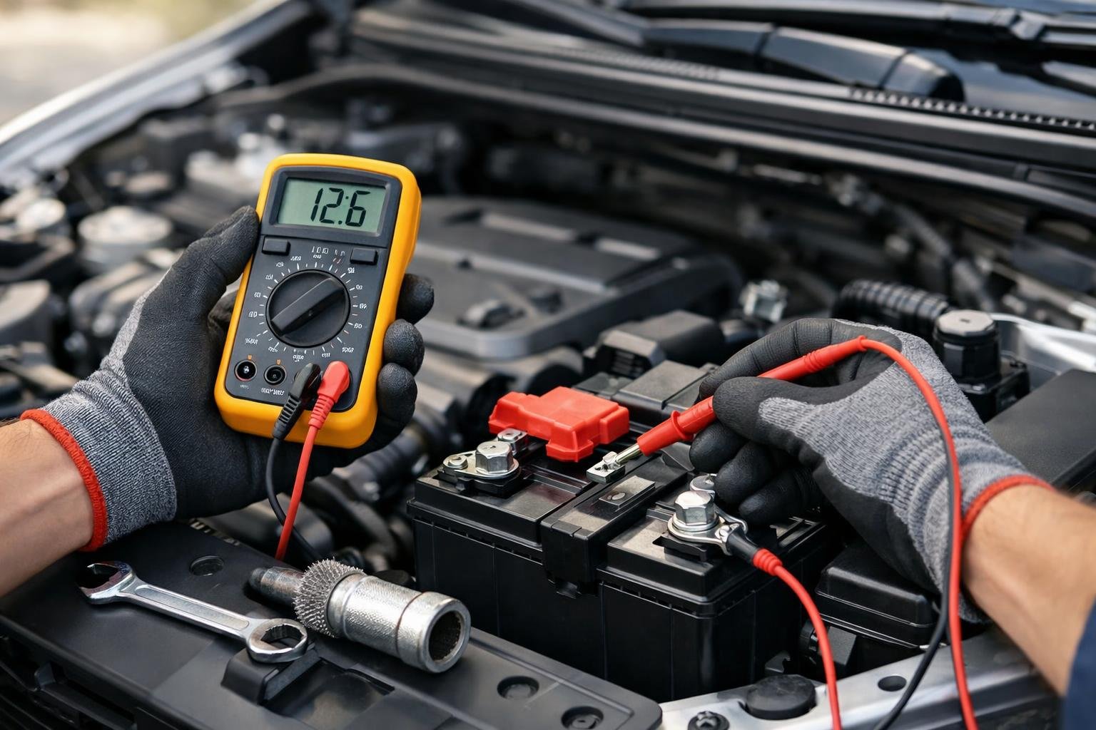 Person testing a car battery under the open hood of a car using a multimeter.