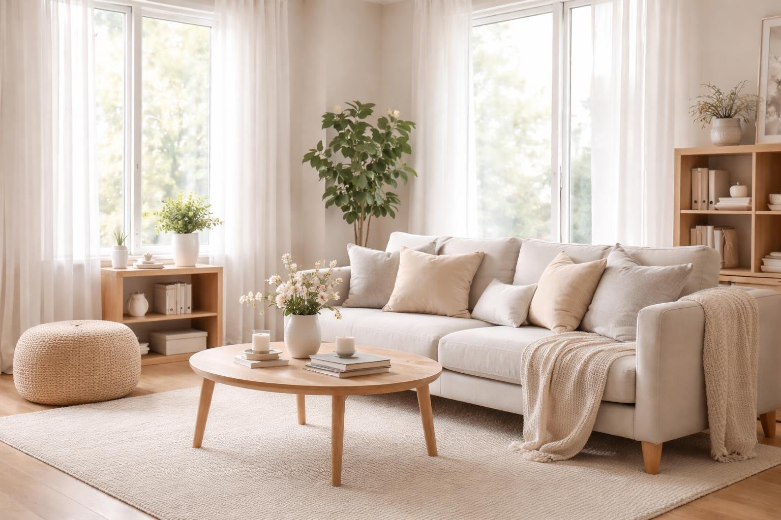 A bright and tidy living room with a sofa, coffee table, plants, and natural light creating a calm and organized atmosphere.