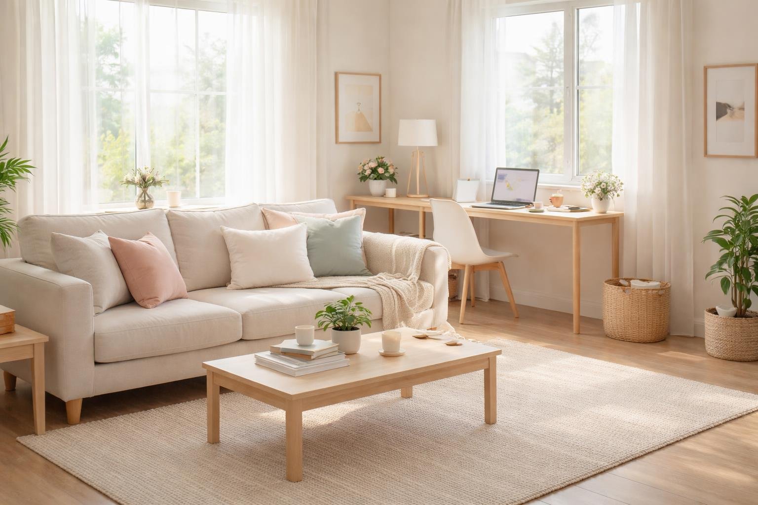 A bright and tidy living room with a sofa, coffee table, plants, and a workspace with a laptop, creating a calm and organized home environment.