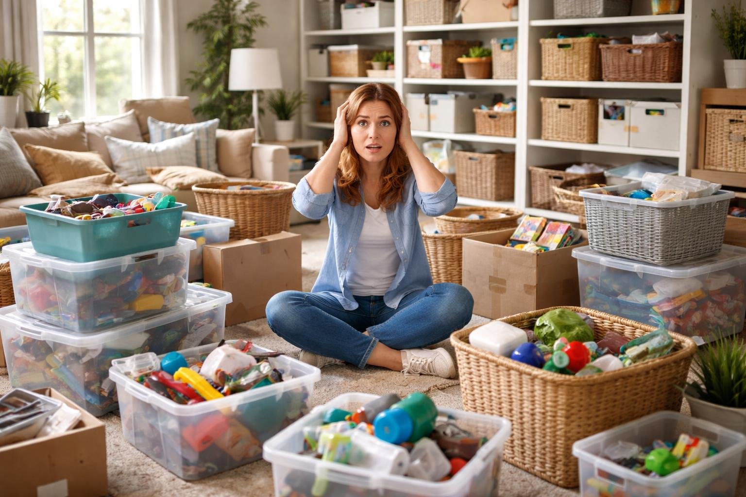 A woman sitting on the floor surrounded by various storage containers in a cluttered living room, looking overwhelmed.