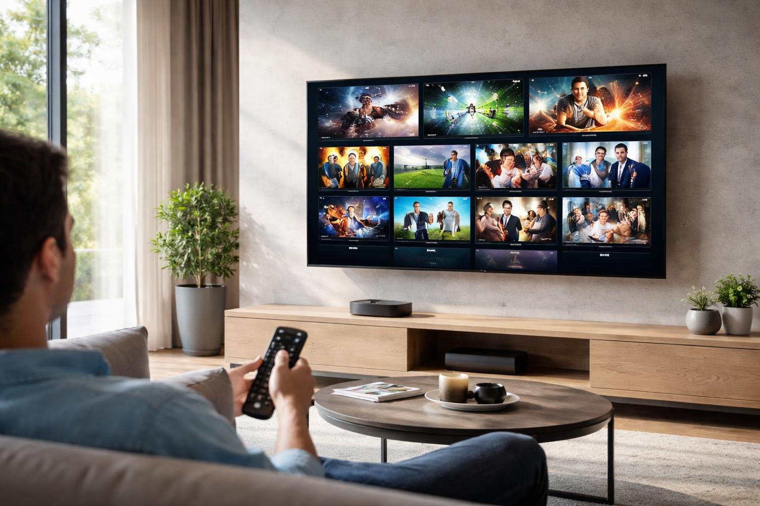 A modern living room with a large flat-screen TV showing colorful streaming content and a person holding a remote control.