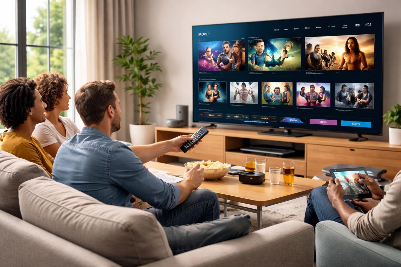 People watching vibrant streaming content on a large smart TV in a modern living room.