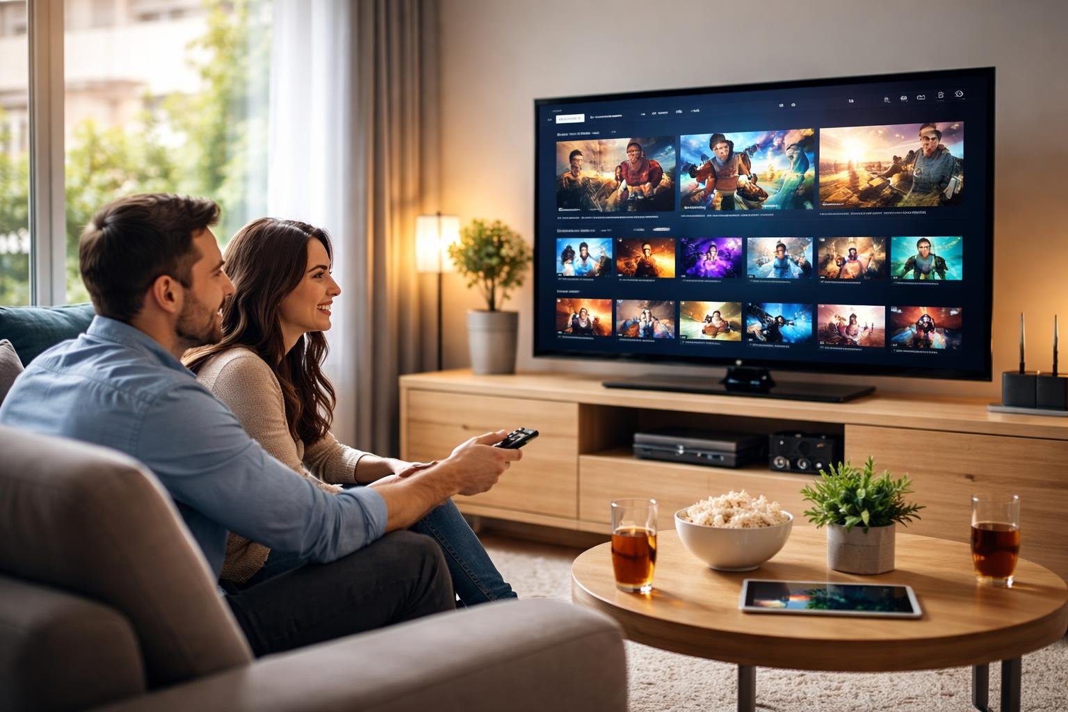 People sitting on a sofa in a modern living room watching a smart TV with a colorful streaming interface.