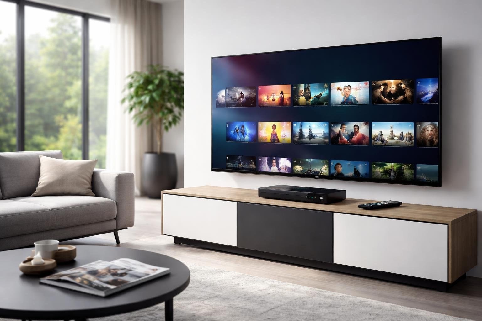 Living room with a flat-screen TV showing streaming content, a media console with IPTV device, and modern furniture.