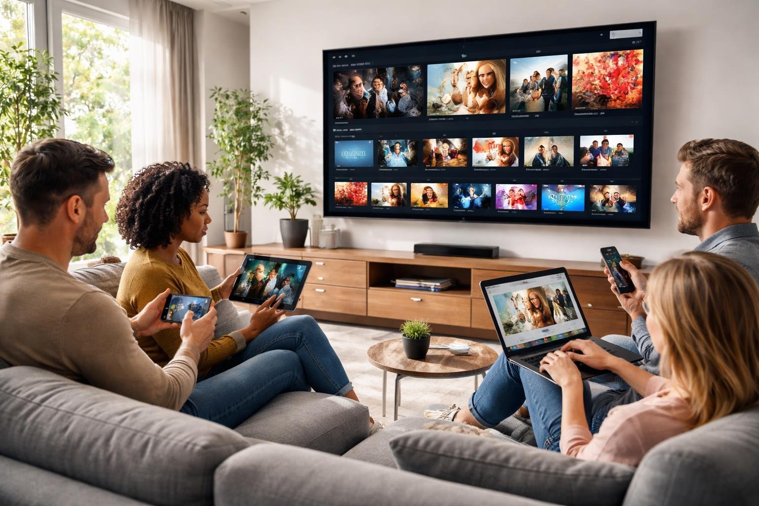 People using various devices like a TV, smartphone, tablet, and laptop in a living room to watch streaming content.