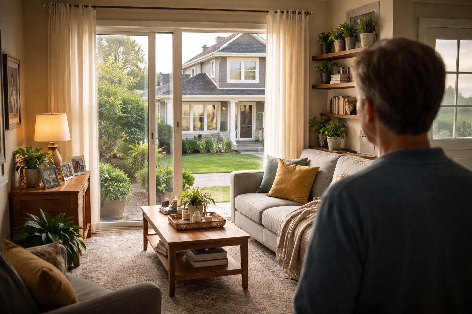 A person standing in their living room looking thoughtfully at their own home with a neighboring house visible through the window.