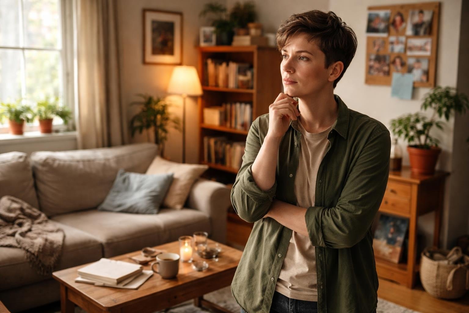 A person thoughtfully looking around their cozy living room with personal belongings and warm natural light.