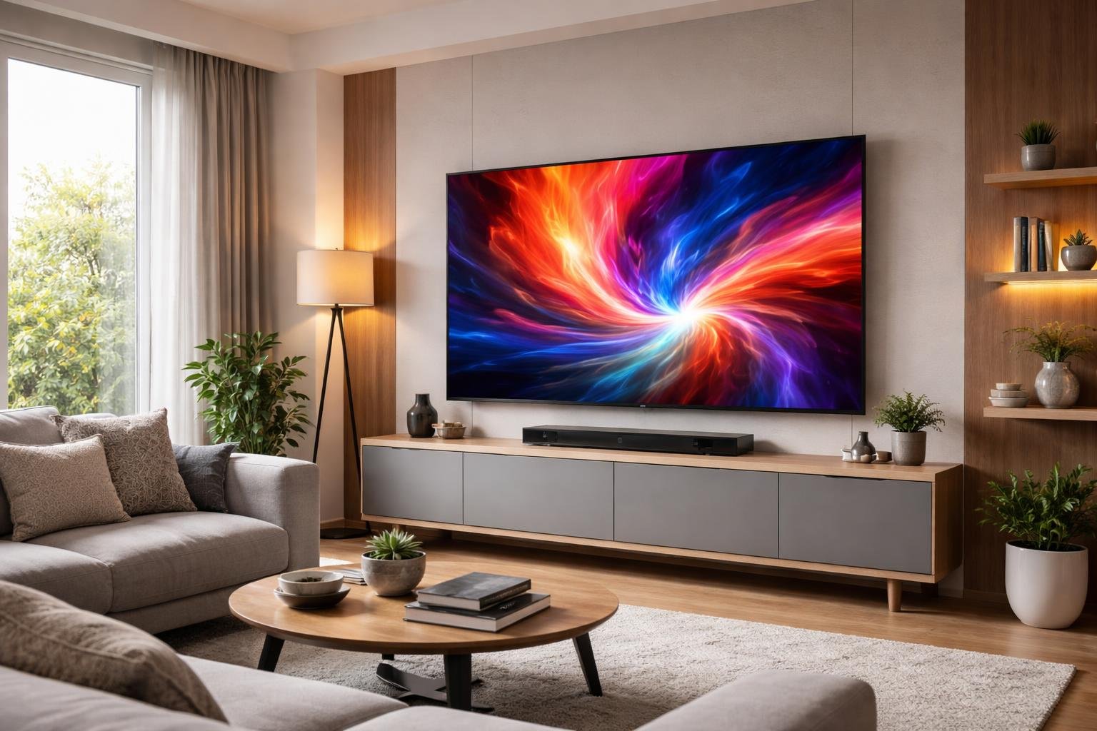 A modern living room with a large flat-screen TV mounted on the wall, surrounded by contemporary furniture and natural light.