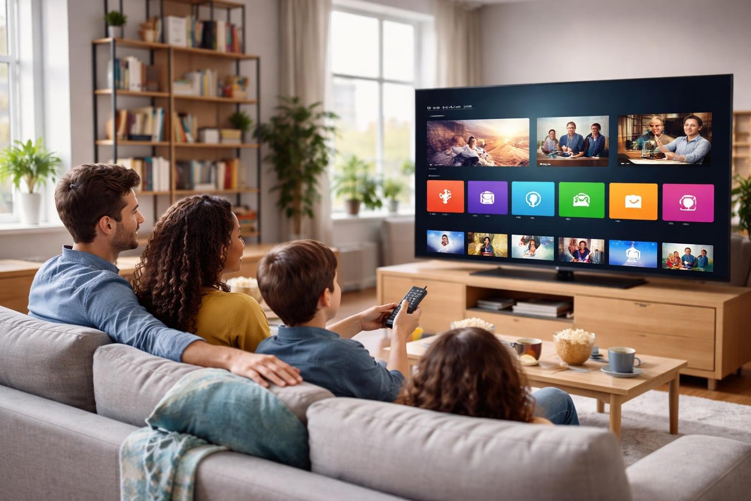 People sitting on a sofa in a modern living room watching a large flat-screen TV showing a colorful streaming interface.