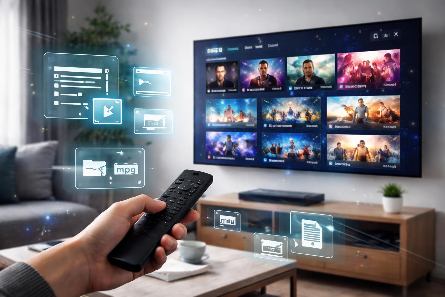 A person holding a remote control in a modern living room with a large smart TV showing a colorful digital media playlist interface.
