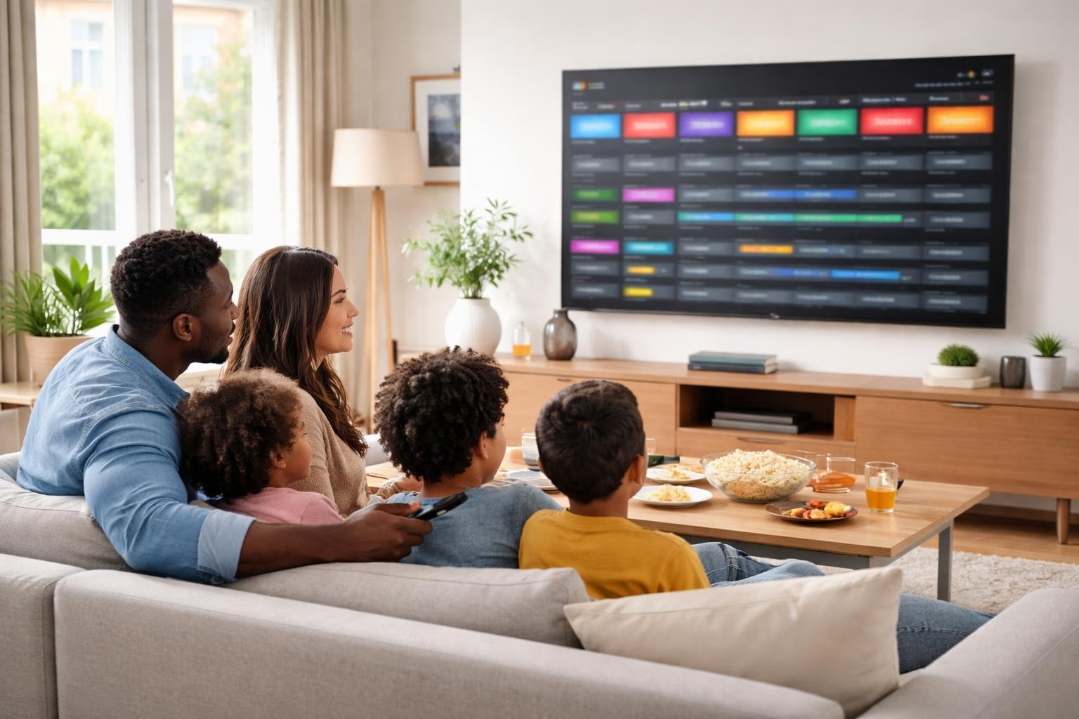 A family of four sitting on a sofa in a living room watching a smart TV displaying a colorful electronic program guide interface.