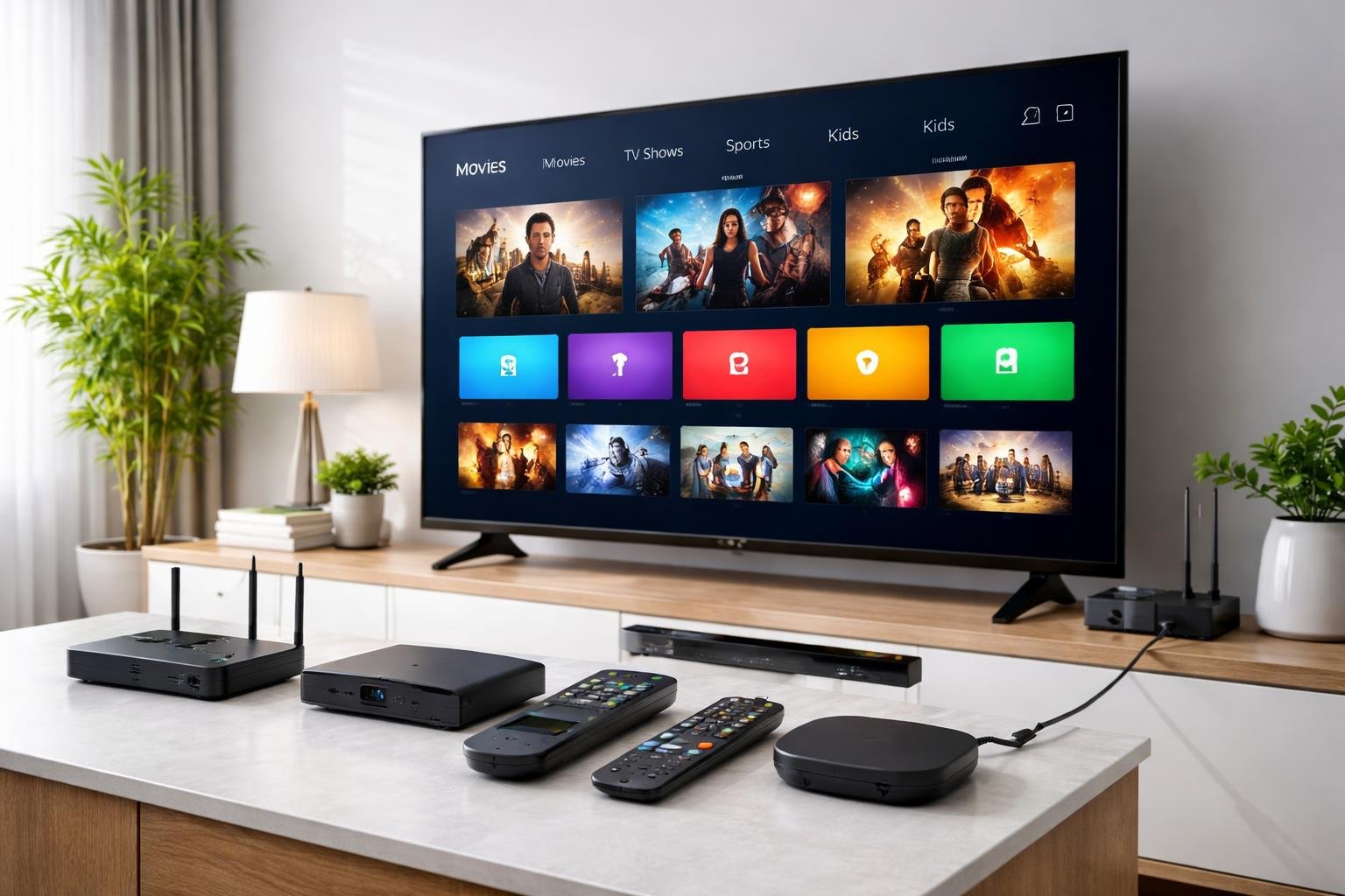 A modern living room with a large smart TV and IPTV devices arranged on a media console.