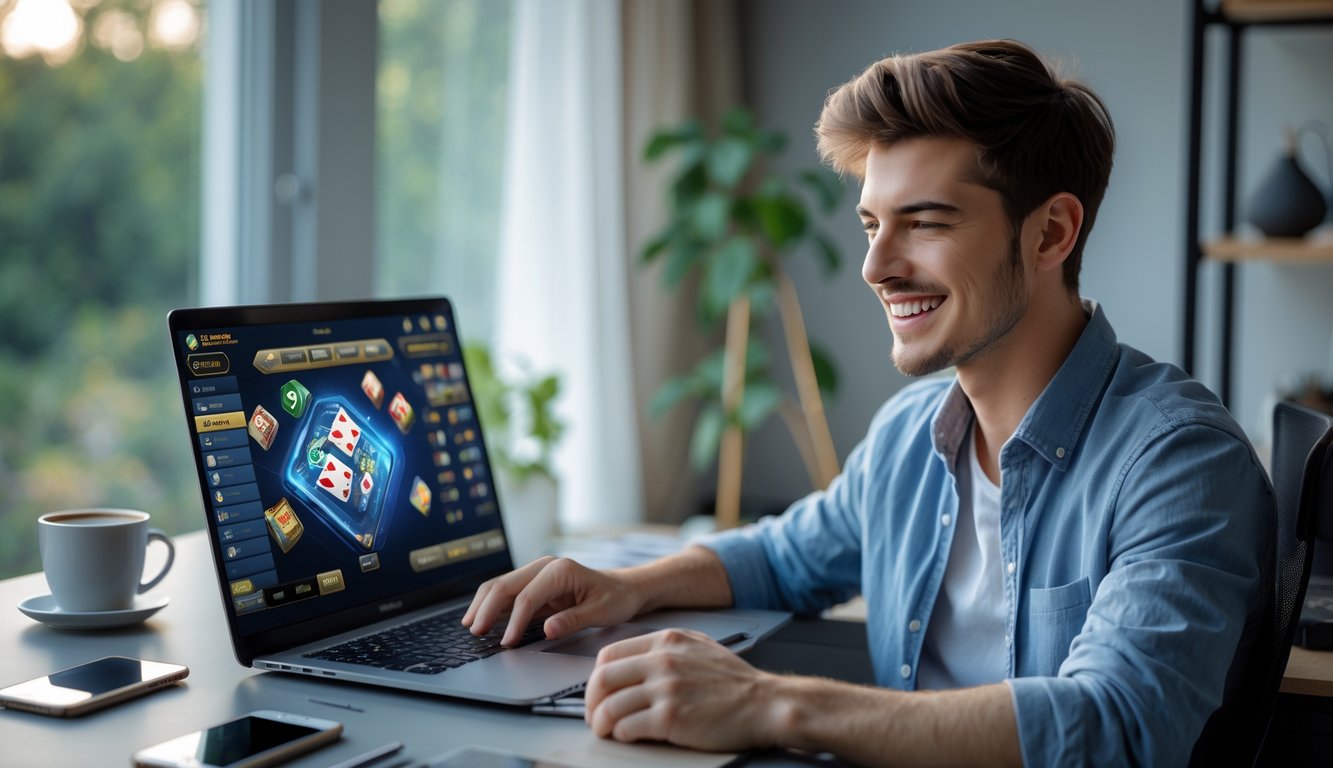 Seorang pria muda duduk di meja kerja dengan laptop, terlihat fokus dan senang bermain permainan kartu online di ruangan yang nyaman.