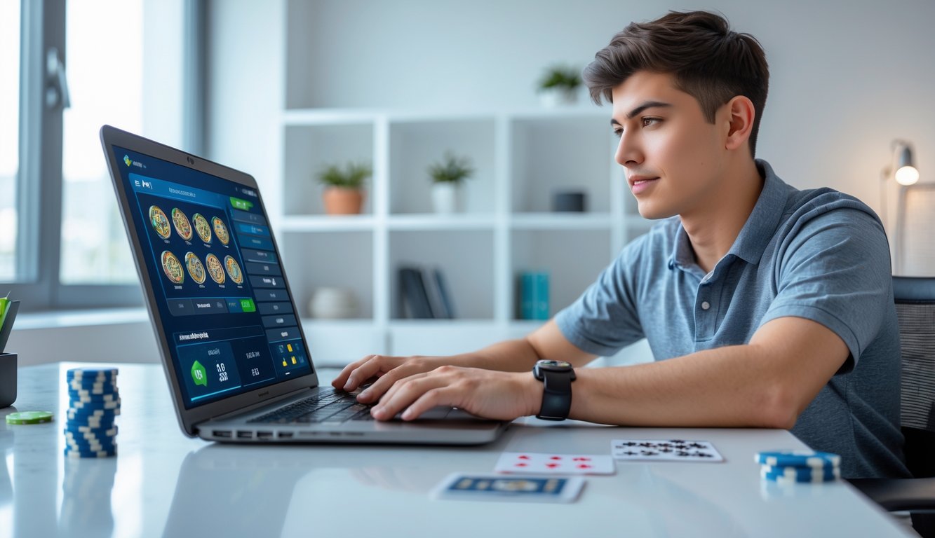 Seorang pria muda duduk di meja dengan laptop, fokus pada permainan kartu online dengan kartu dan chip poker di sekitarnya.