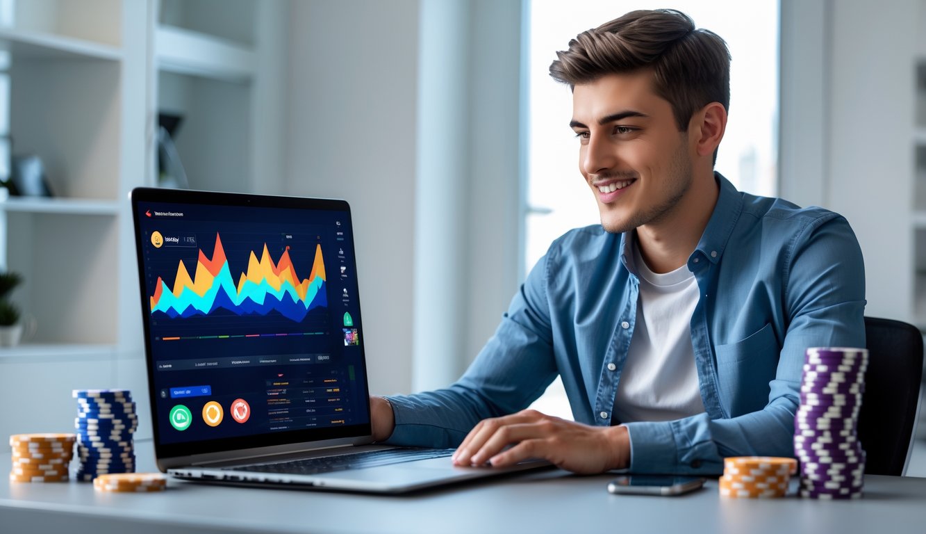 Seorang pria muda duduk di meja modern dengan laptop dan perlengkapan bermain kartu, menunjukkan suasana kerja dan permainan daring.