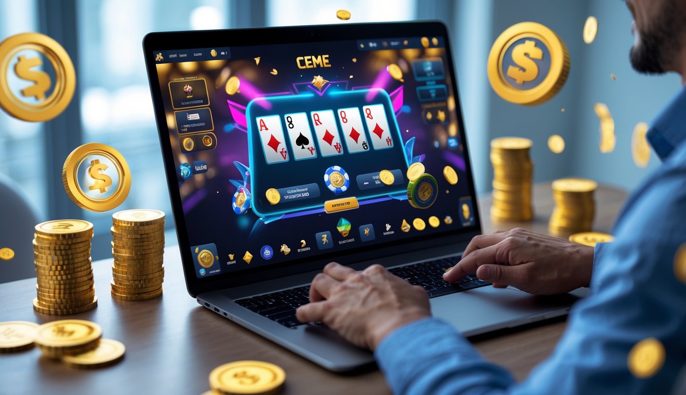 Seorang pemain dewasa sedang bermain permainan kartu online di depan komputer dengan tumpukan chip dan ikon bonus di sekitarnya.