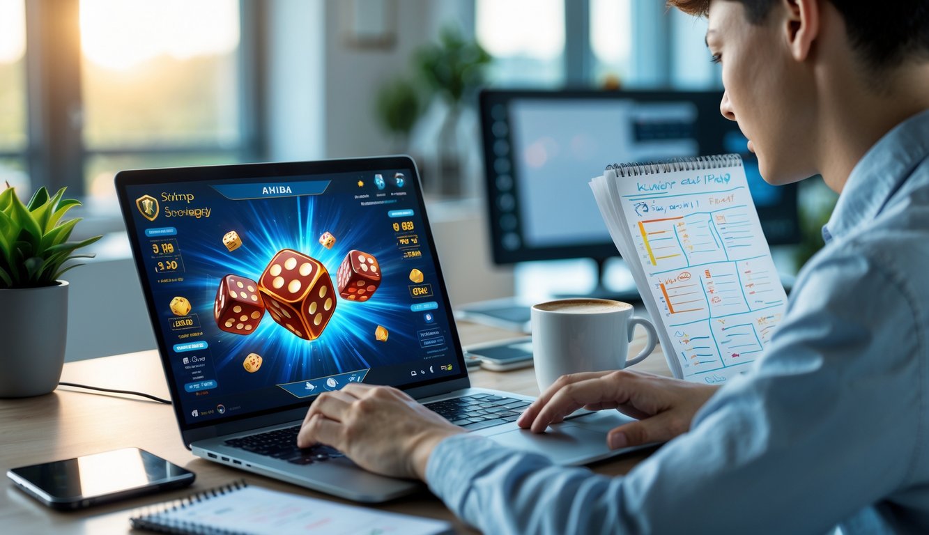 Seseorang sedang menggunakan laptop di meja kerja dengan tampilan permainan dadu digital, dikelilingi oleh alat tulis dan minuman, menunjukkan suasana kerja yang fokus dan terorganisir.