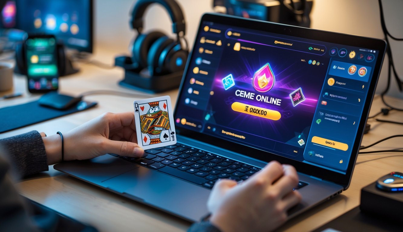 Seseorang bermain permainan kartu online di laptop di meja kerja dengan aksesori permainan di sekitarnya.
