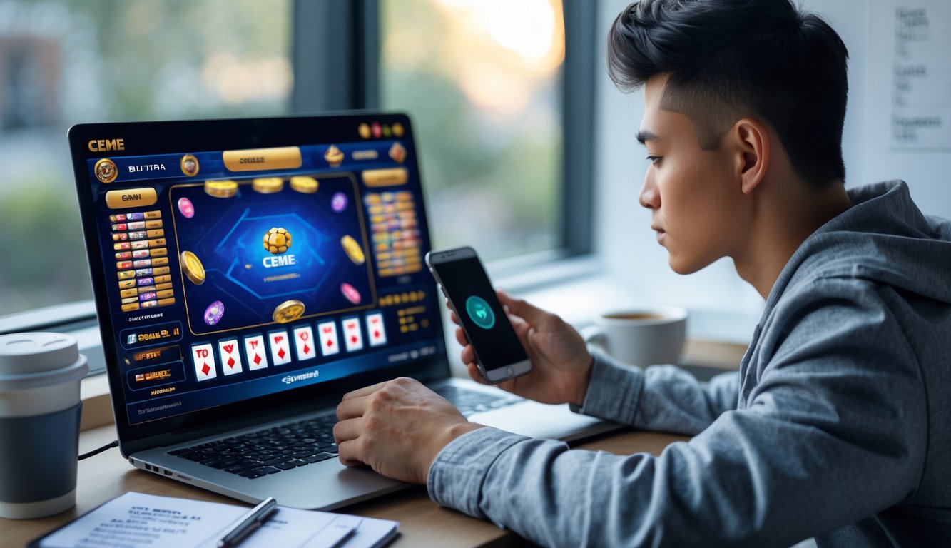 Seorang pria muda duduk di depan laptop yang menampilkan permainan Ceme online, dengan ponsel di tangan dan suasana fokus di meja kerjanya.