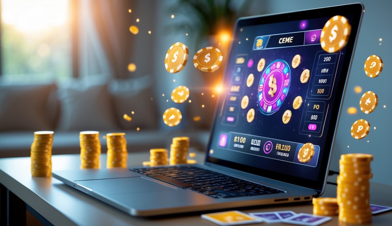 Seseorang menggunakan komputer dengan tampilan permainan kartu Ceme online yang menarik di layar, di meja yang rapi dengan suasana hangat dan nyaman.