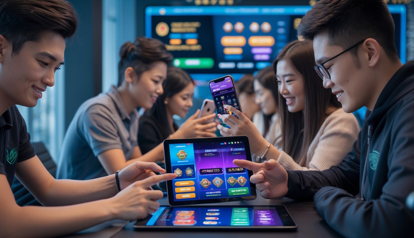 Beberapa orang muda sedang bermain permainan kartu online menggunakan ponsel dan tablet di ruangan modern yang terang.