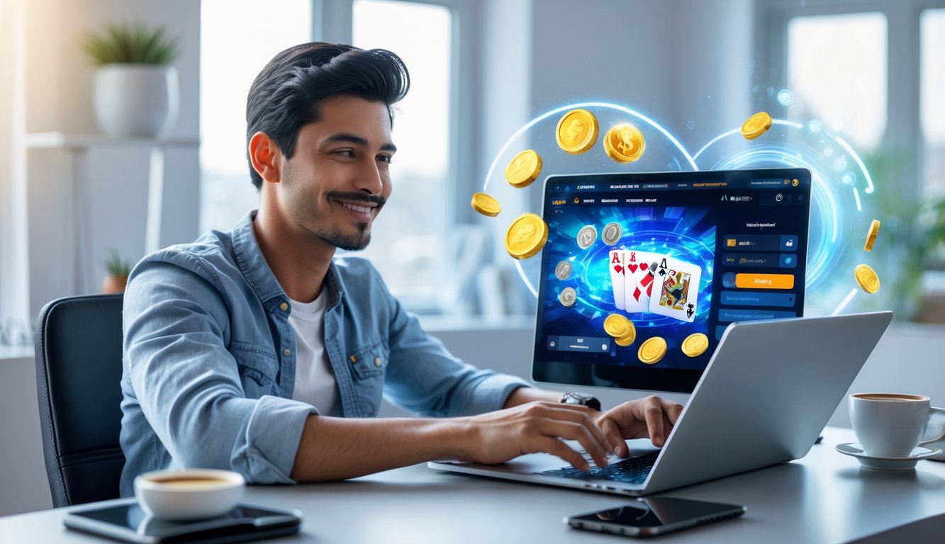 Seorang pria muda duduk di meja modern sambil bermain game kartu online di laptop dengan ekspresi fokus dan senang.