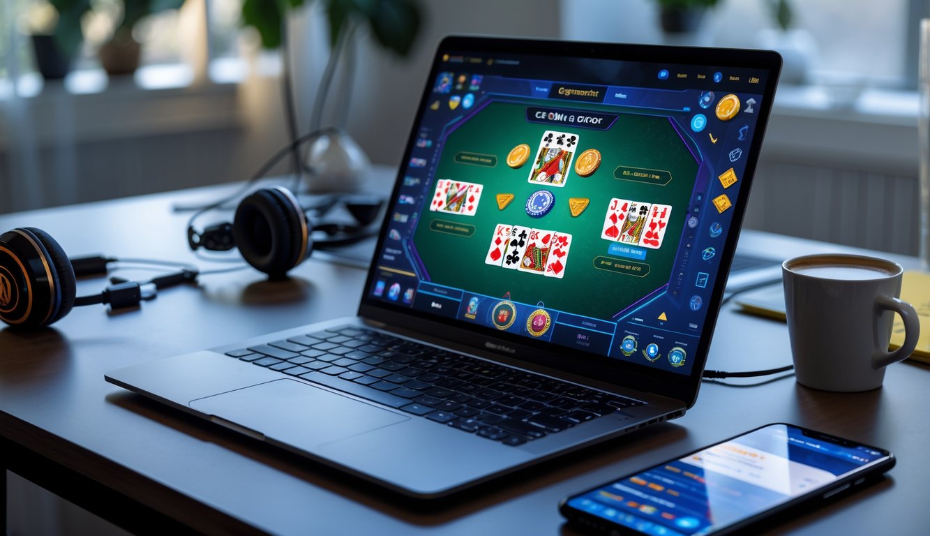 Seorang pria duduk di depan laptop dengan tampilan permainan kartu digital, dikelilingi aksesori gaming di meja kerja.