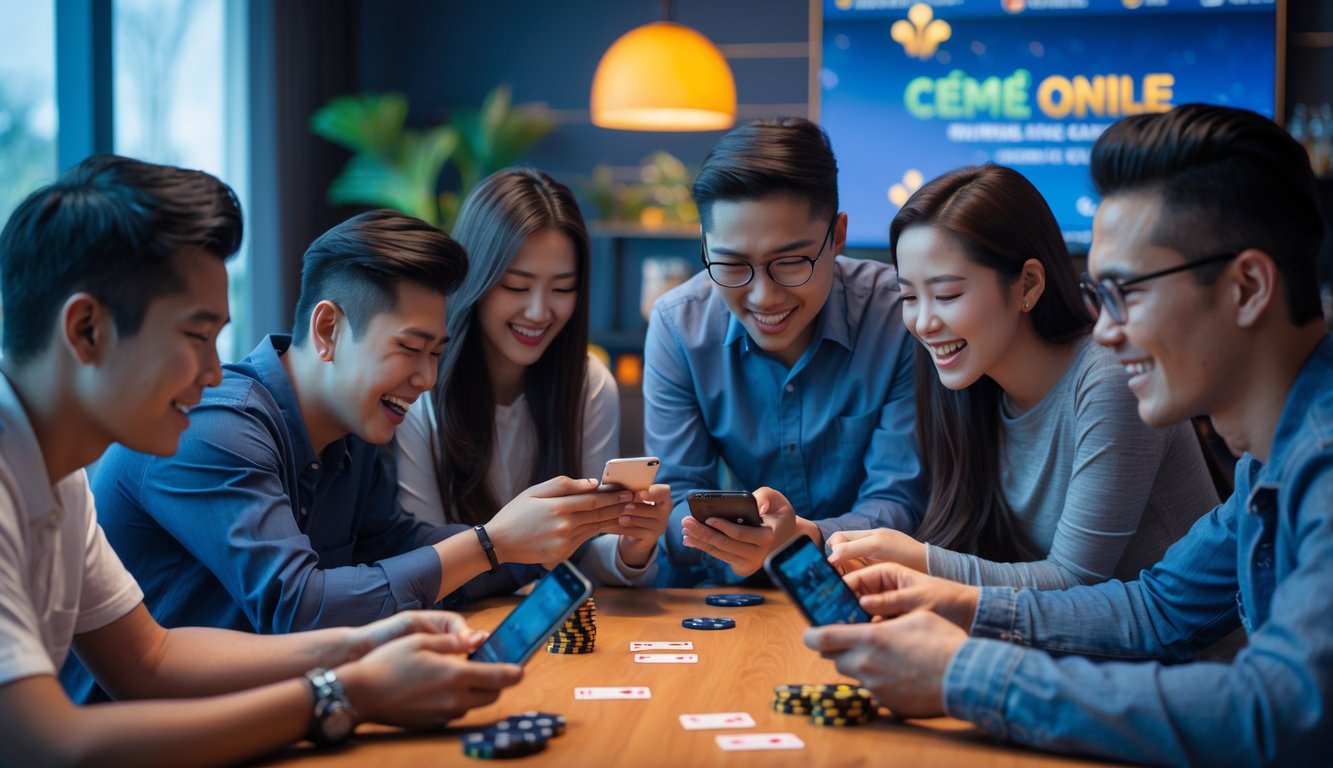 Sekelompok orang muda bermain game kartu online di ruangan yang terang dan nyaman, terlihat fokus dan senang.