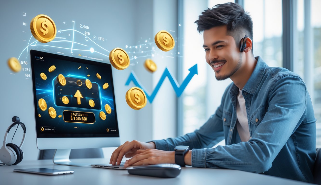 Seorang pria muda duduk di meja dengan laptop, fokus bermain permainan kartu online dengan ekspresi senang dan konsentrasi.