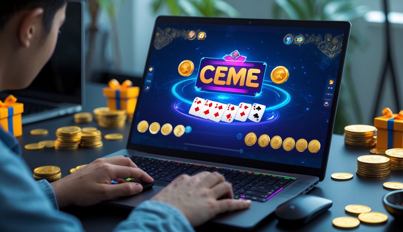 Seorang pemain menggunakan komputer dengan tampilan permainan kartu Ceme online dan simbol bonus di sekitarnya.