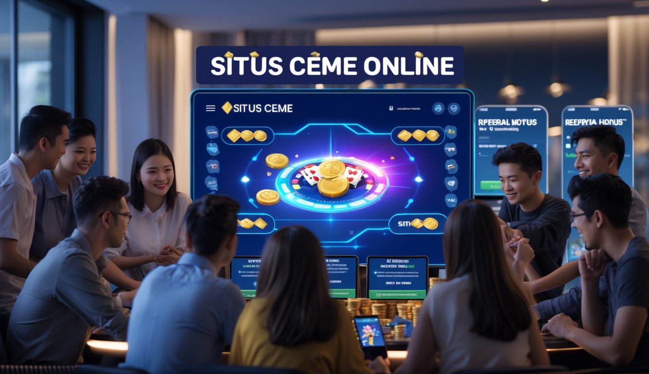 Sekelompok orang muda sedang bermain permainan kartu online di layar digital besar dengan suasana yang ceria dan modern.