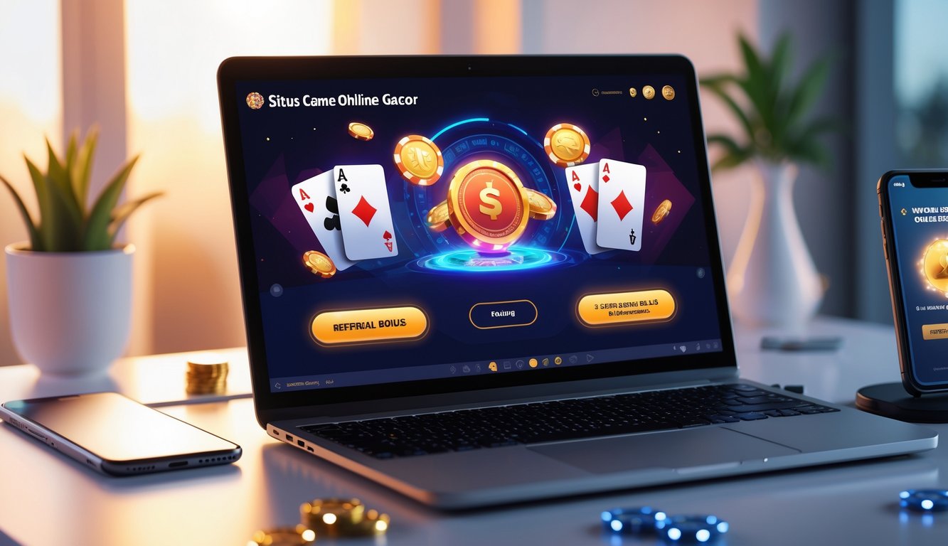 Seorang pengguna sedang bermain permainan kartu online di laptop dengan tampilan antarmuka permainan dan notifikasi bonus referral di layar.