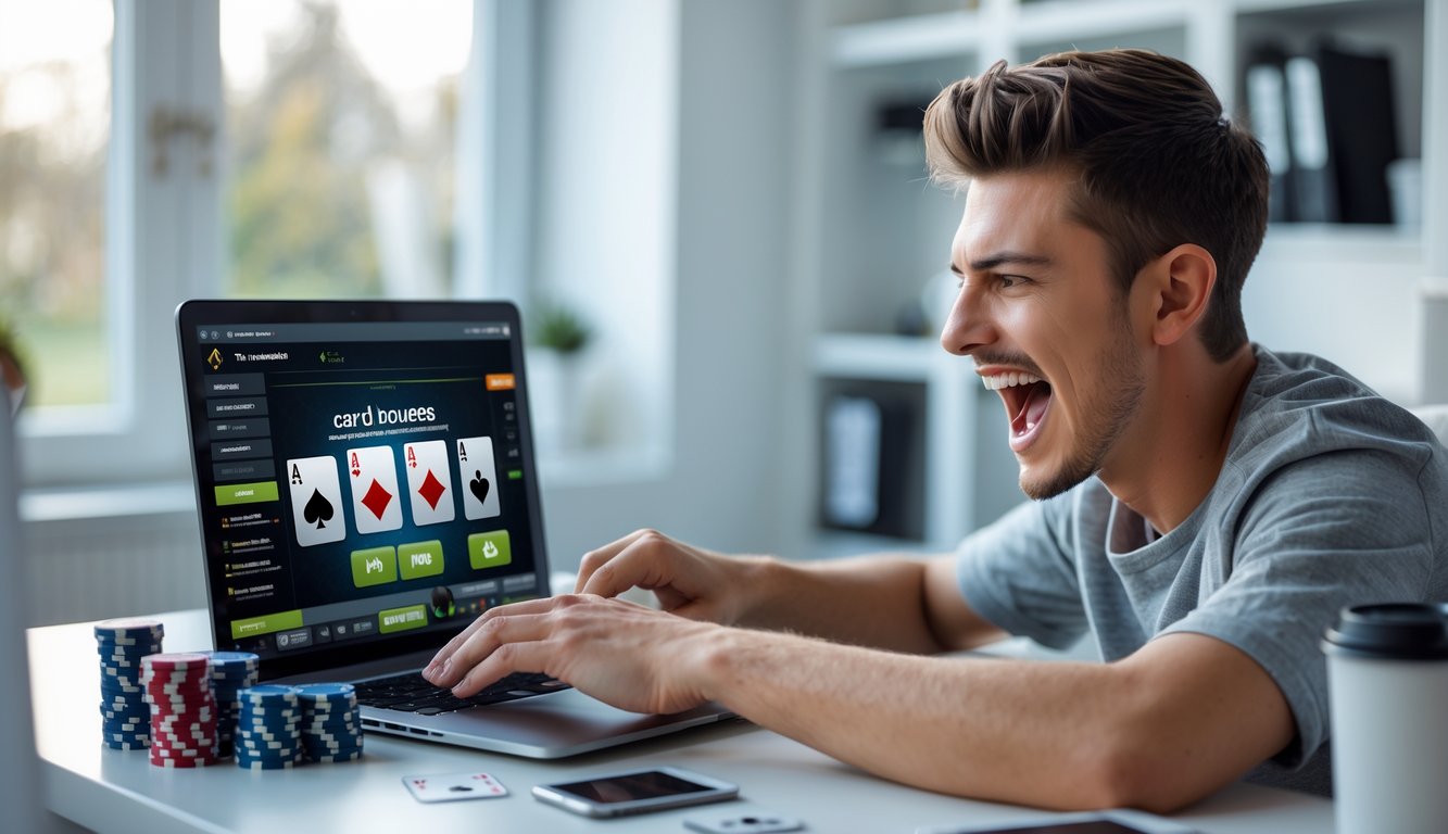 Seorang pria muda duduk di meja dengan laptop dan kartu remi, fokus bermain permainan kartu online di ruangan yang terang dan nyaman.