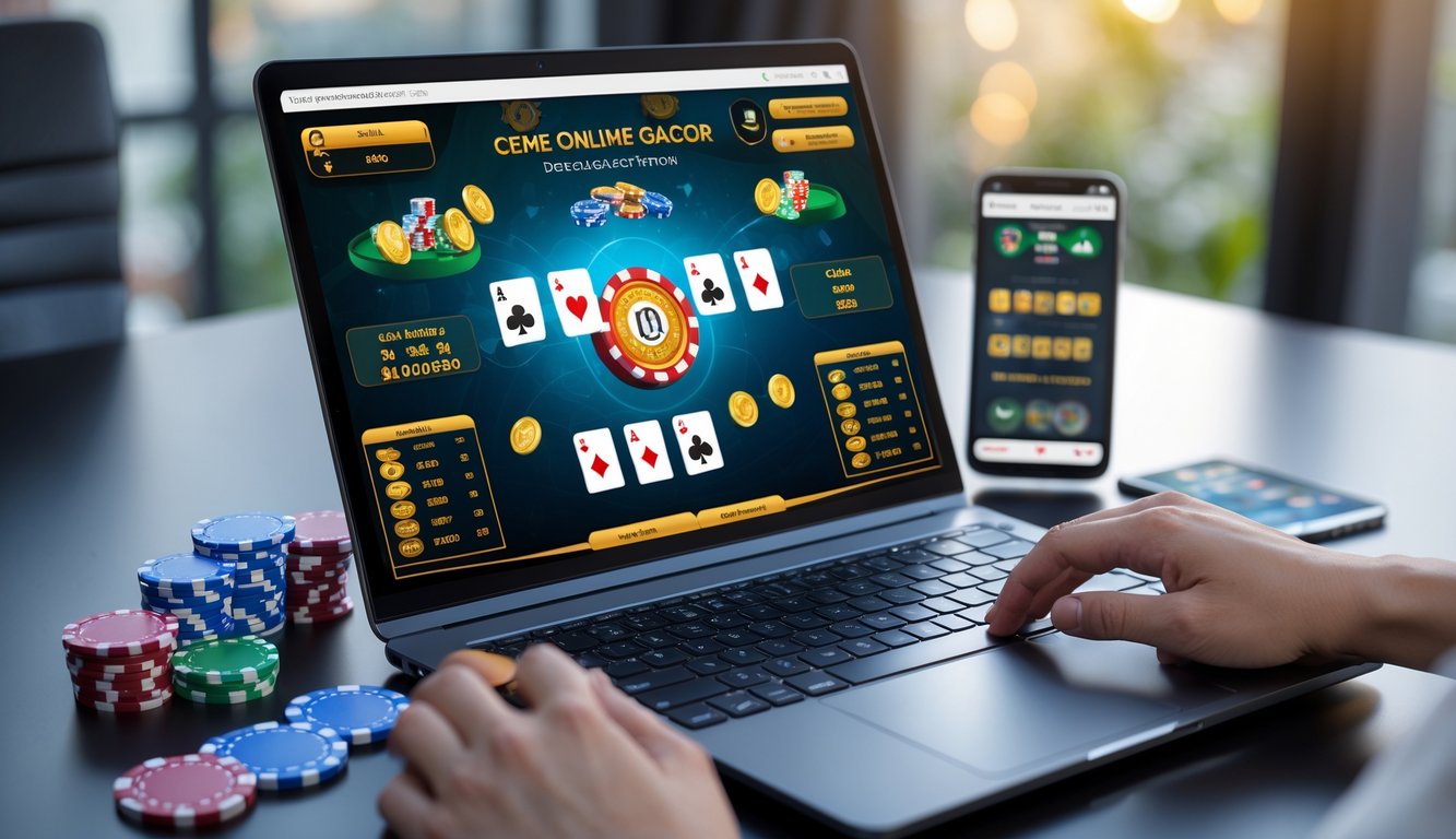Seseorang sedang bermain permainan kartu online di laptop dengan chip dan kartu di atas meja.